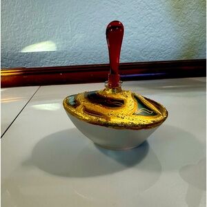 Hand painted gold on glass perfume bottle w red glass stopper